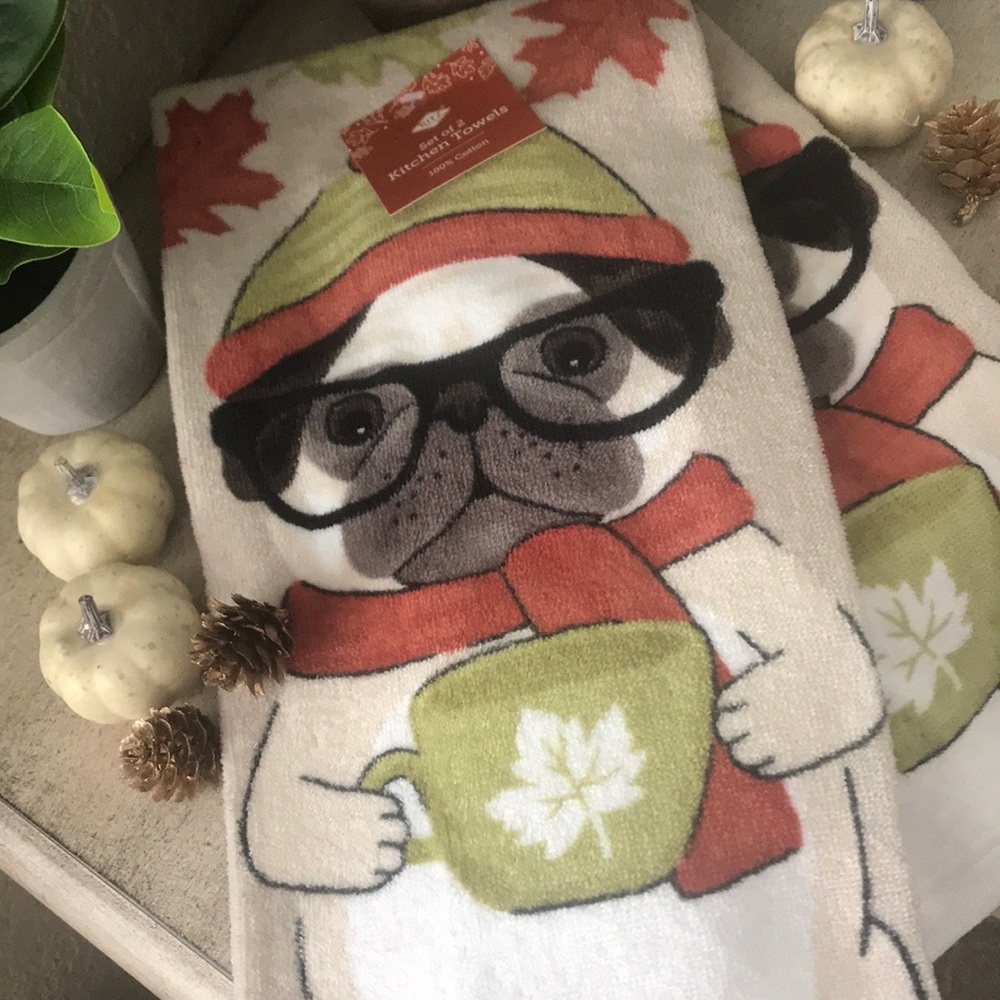 Adorable Fall Pug plush kitchen towels 100% cotton